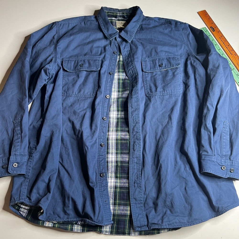 LL Bean Mens XXL Flannel Lined Shirt Jacket Blue Canvas Plaid 298205 Traditional